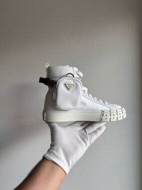 New Prada Re-nylon pouch high-top sneakers shoes in Bianco white sz 38